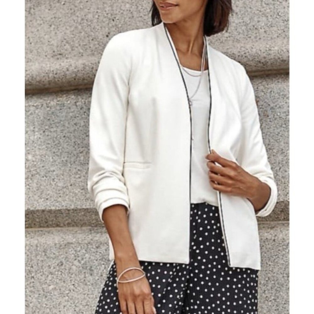 J Jill Wearever Suit Jacket Blazer XL White Black Piping Ponte Stretch